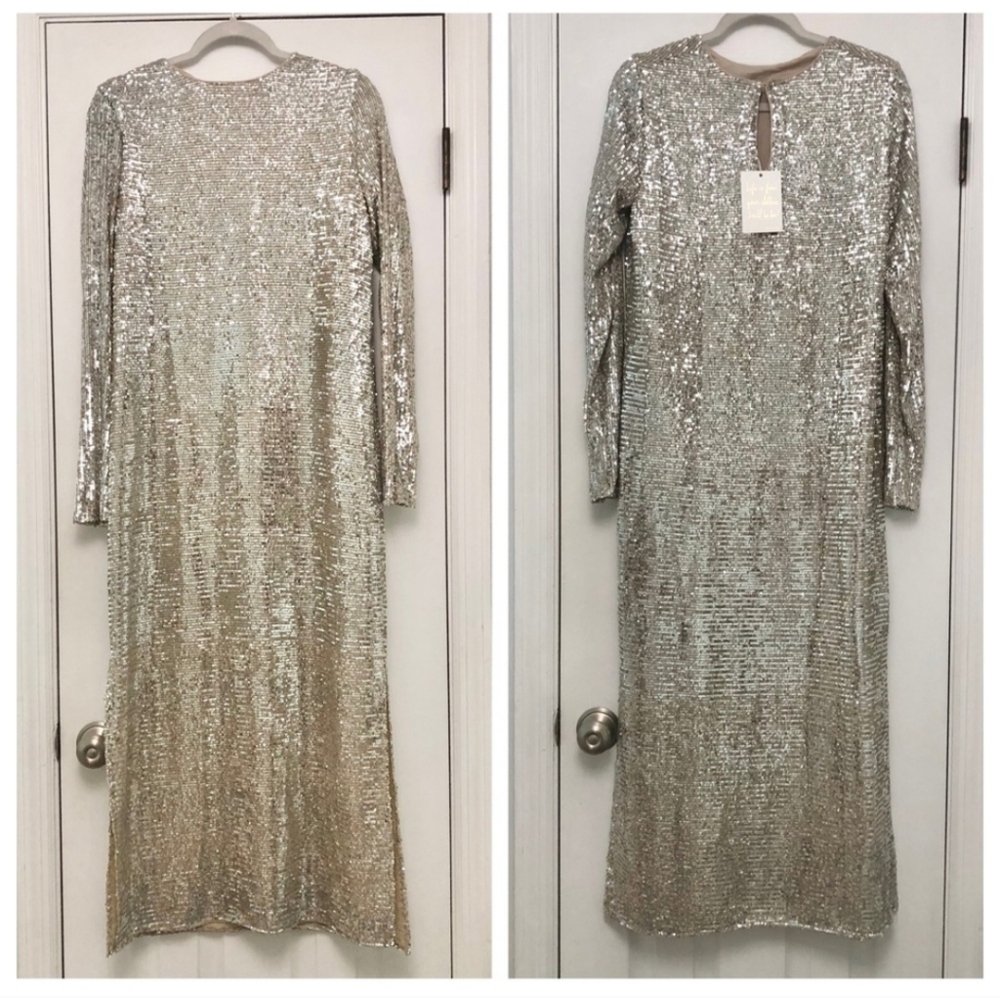 SHOW ME YOUR MUMU maddison
dress in platinum Silver Sequin Long Sleeve Gown Slit - Picture 10 of 14